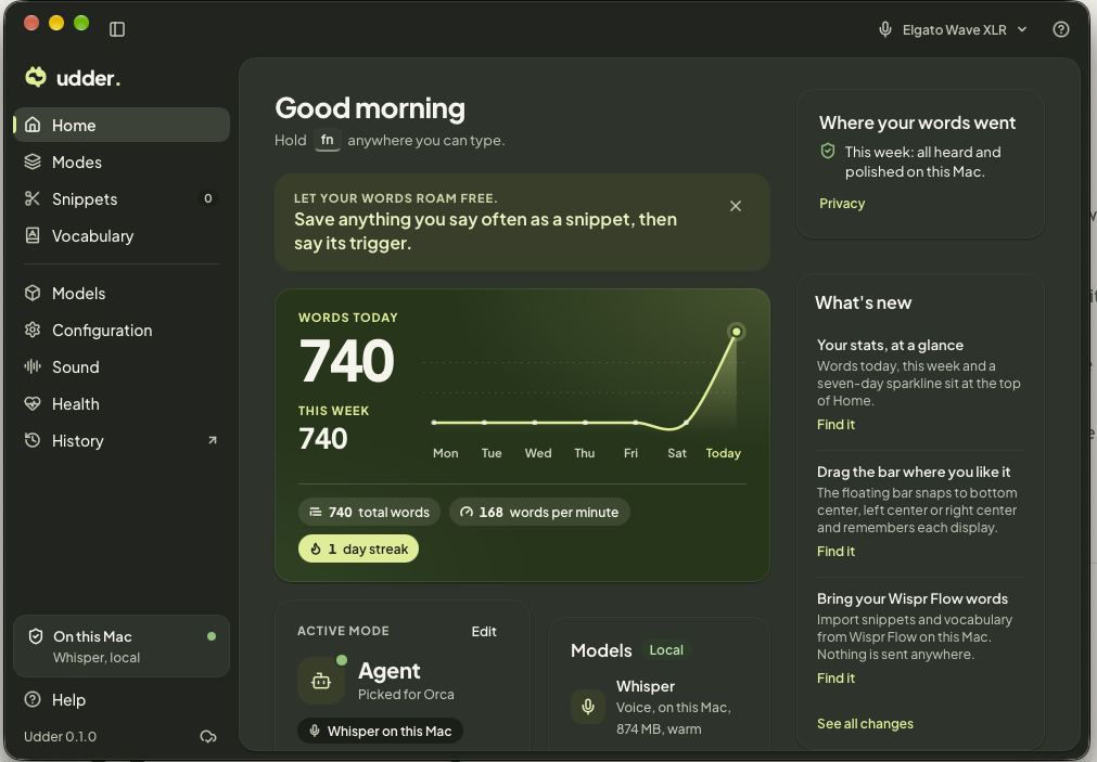 Udder Home in dark mode, showing dictation activity, the active Agent mode, and local Whisper processing