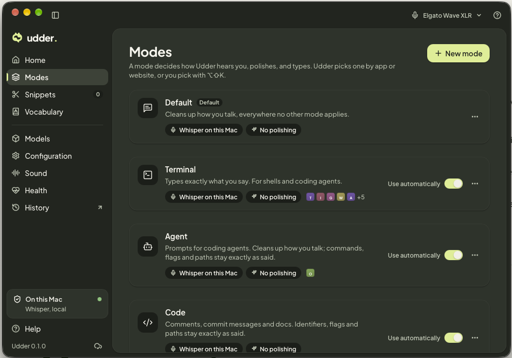 Udder Modes showing Default, Terminal, Agent, and Code with automatic app selection controls