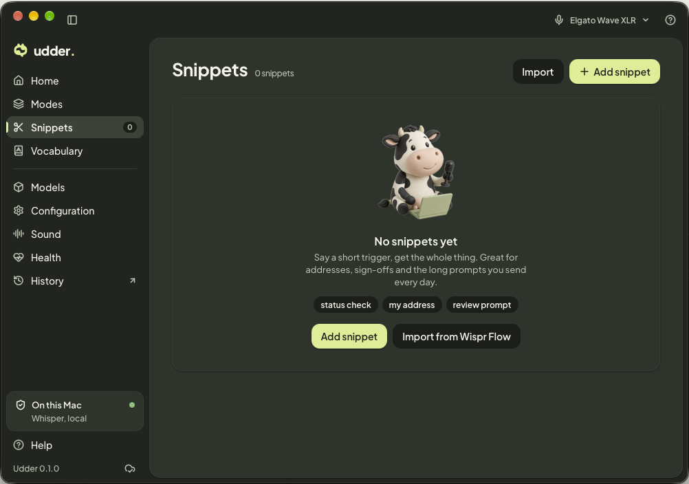 Udder Snippets with the cow mascot, an Add snippet button, and an Import from Wispr Flow option