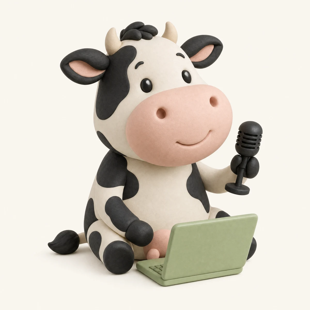 Udder’s cheerful cow mascot holding a microphone beside a laptop